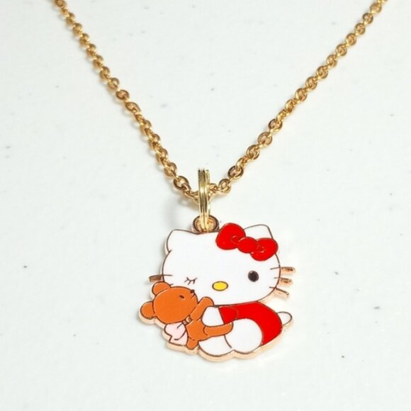 Hello Kitty Red & White Gold Plated Teddy Bear Pendant Necklace New - Picture 1 of 4